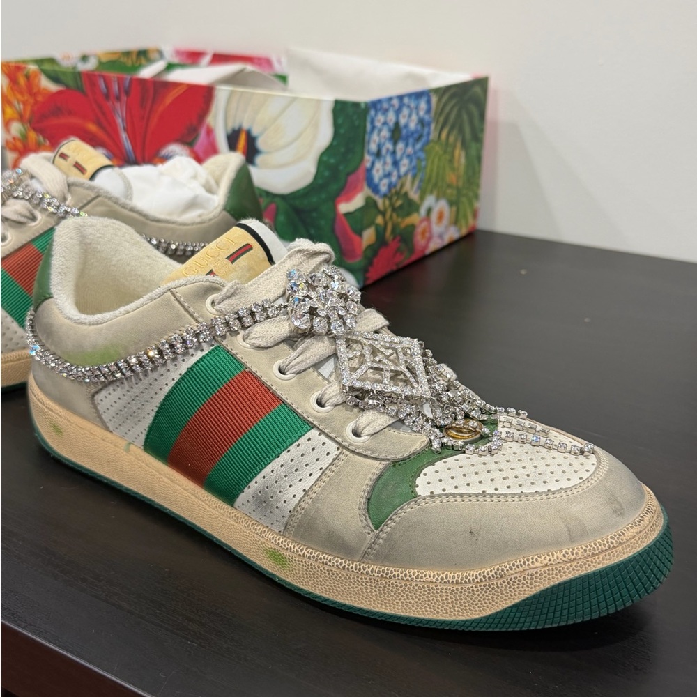 Gucci Cream/Green Sneakers w/ rhinestone chain/off-white collection- authentic - Picture 2 of 10
